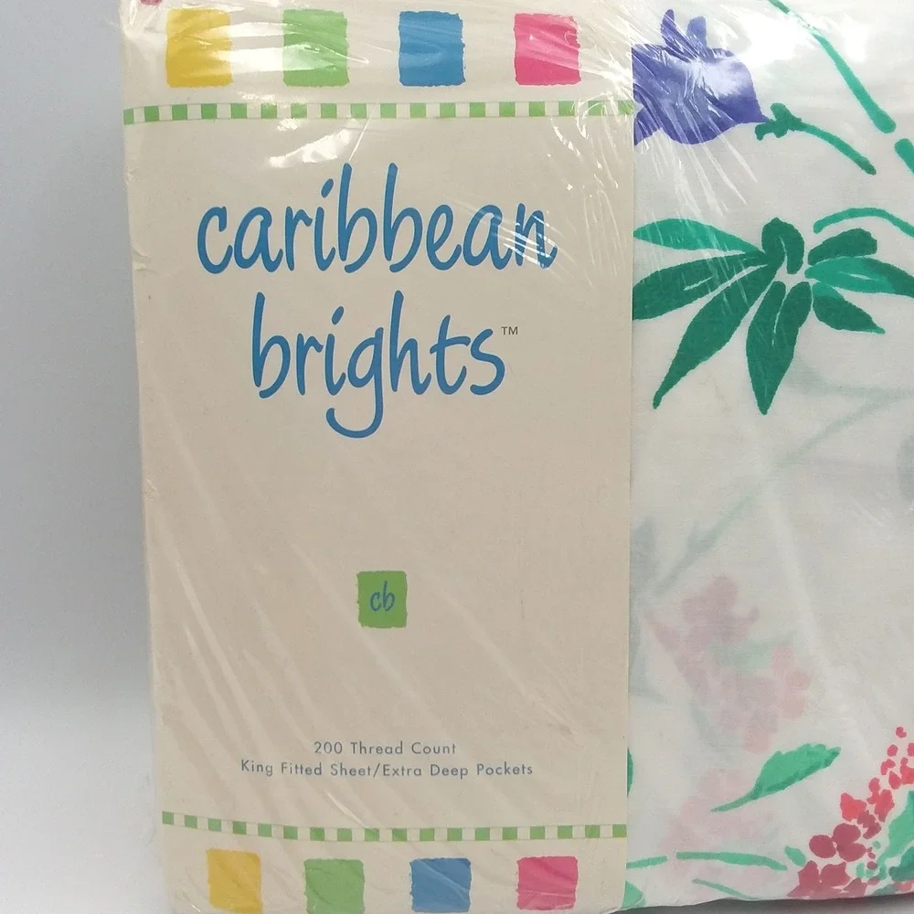 Caribbean Brights Scarlet Sunset King Fitted Sheet‎ Tropical Floral Vintage USA